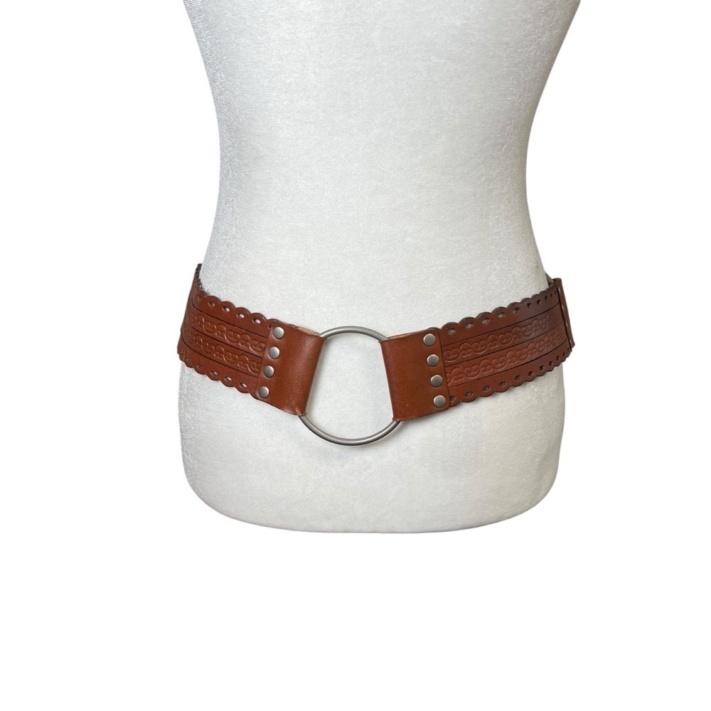 Brown Tooled Leather Wide Statement Belt Rings Boho Waist Festival Women’s Sz S - Picture 4 of 11